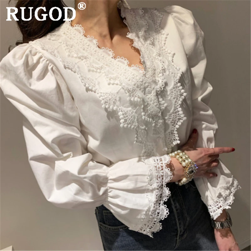 RUGOD, новинка весны, Женская белая блузка, элегантная, v-образный вырез, кружево, вышивка, пышные рукава, женские рубашки, модные, повседневные, свободные, женские топы