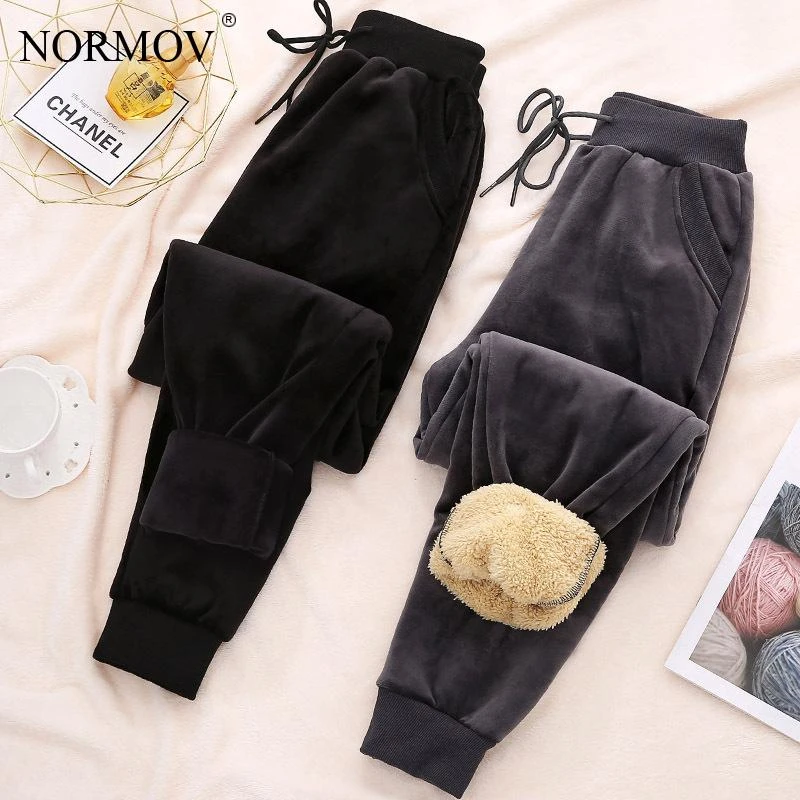 NORMOV Plus Velvet Pants Loose Autumn Winter Thick High Waist Sweatpants Female with Pockets Slim Tether Warm Trousers Women pants for women