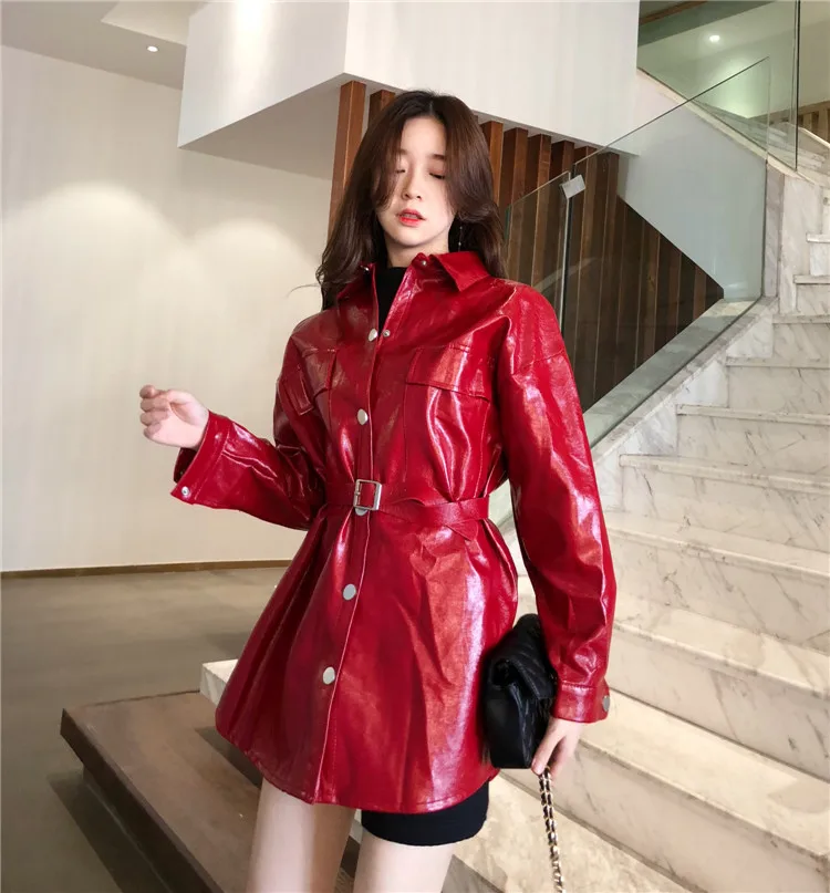 Faux Leather Coats Women Fashion Slim PU Jackets Women Elegant Tie Belt Waist Buttons Coats Female Ladies