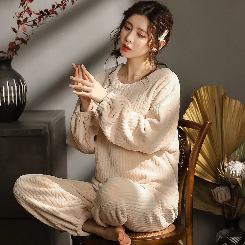 Pajamas Women Autumn and Winter Thickening Plus Velvet Coral Velvet Winter Student Loose Plus Size Home Service Two-piece Suit