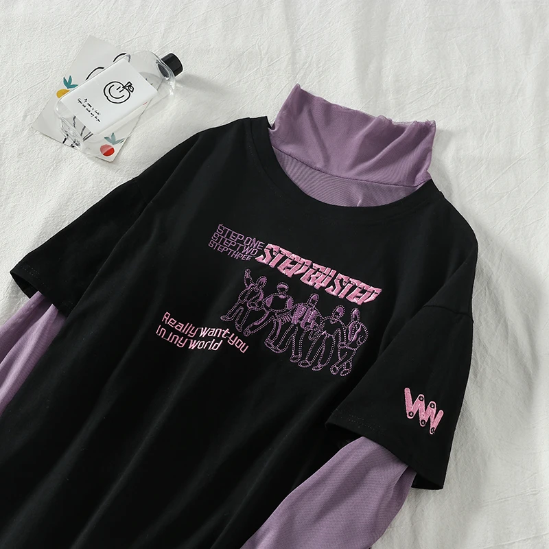 Модная фиолетовая футболка Женская Вышивка с длинным рукавом водолазка футболка+ черные топы с буквенным принтом комплект из двух предметов