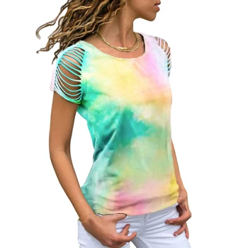 

Summer Sexy Women Tie Dye T-shirt Print Short Sleeve T-shirt Strapless Top Round-neck Tee Women Streetwear
