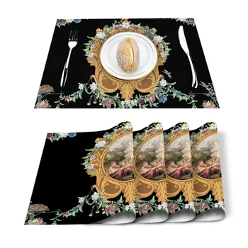 

European Flowers Roman Park Black Placemat Washable Cotton Linen Table Cloth Pad Mat Rectangle Placemats Heat Resistant