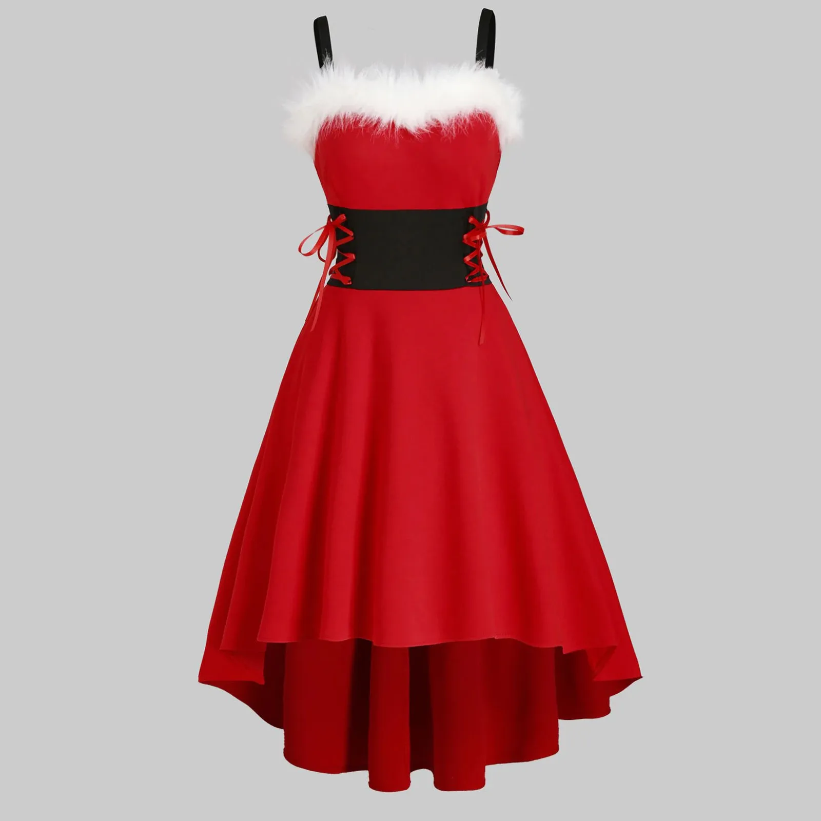 Womens Christmas Sling Asymmetry Dress Faux-Fur Lace Up Bandage High Waist Solid Color For Girlfriend Present | Женская одежда