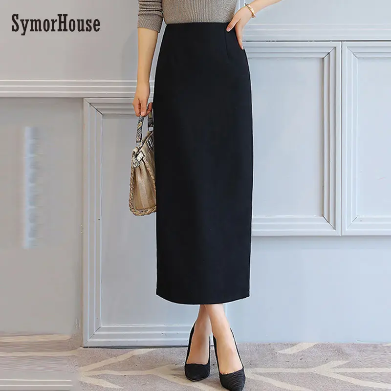 

2019 New Autumn Winter Maxi Wool Skirts Women High Waist Black Wine Red Slim Split Ankle-length Woolen Pencil Skirt female