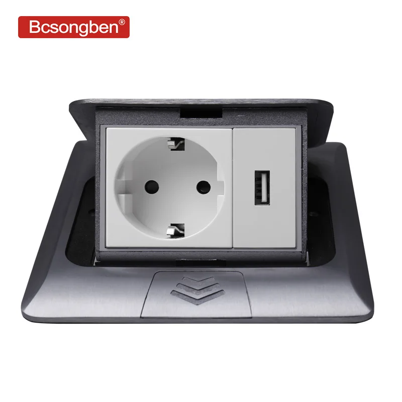 

Bcsongben All Aluminum Silver Panel Pop Up Floor Socket 16A Russia Spain EU Standard Power Outlet With USB Charging Port 5V 1A