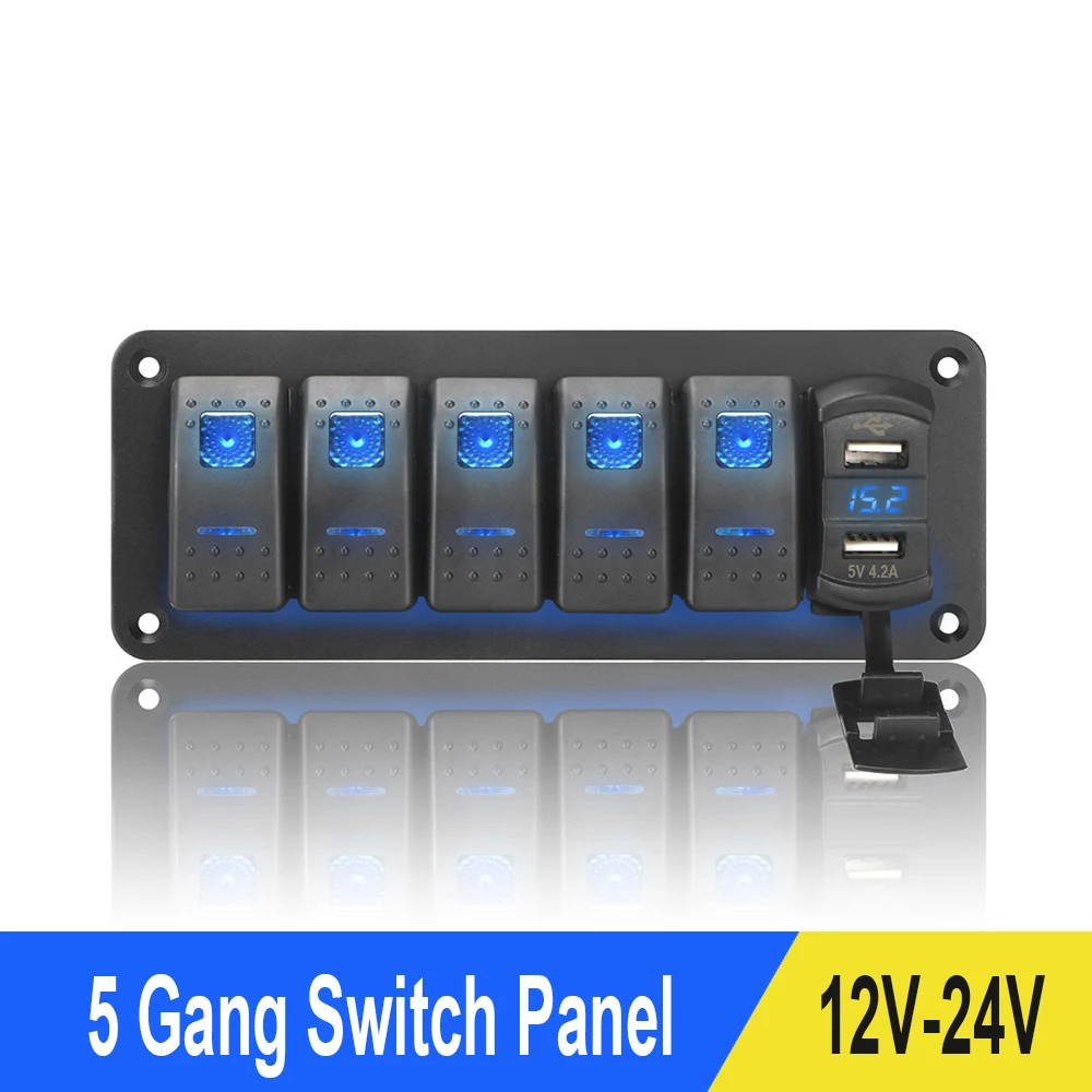 5 Gang кулисный переключатель Панель 12V/24V Цифровой Напряжение Дисплей розетки Dual USB