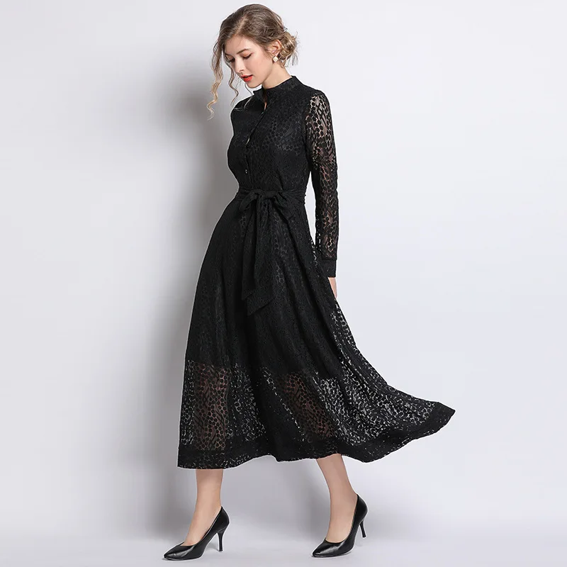 

2019 Europe And America WOMEN'S Dress Elegant Lace-up Big Hemline Formal Dress Long Skirts Lace Dress