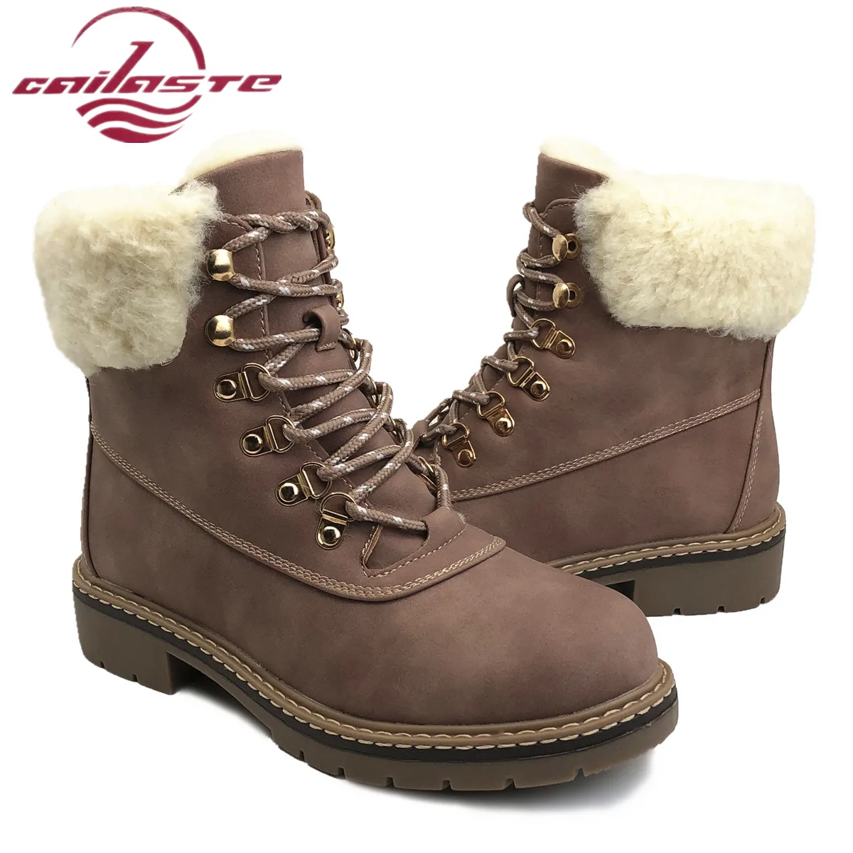 

CAILASTE Women winter hiking shoes wool blend lace up ankle snow boots plat TPR outsole warm plush insole hand made martin shoes