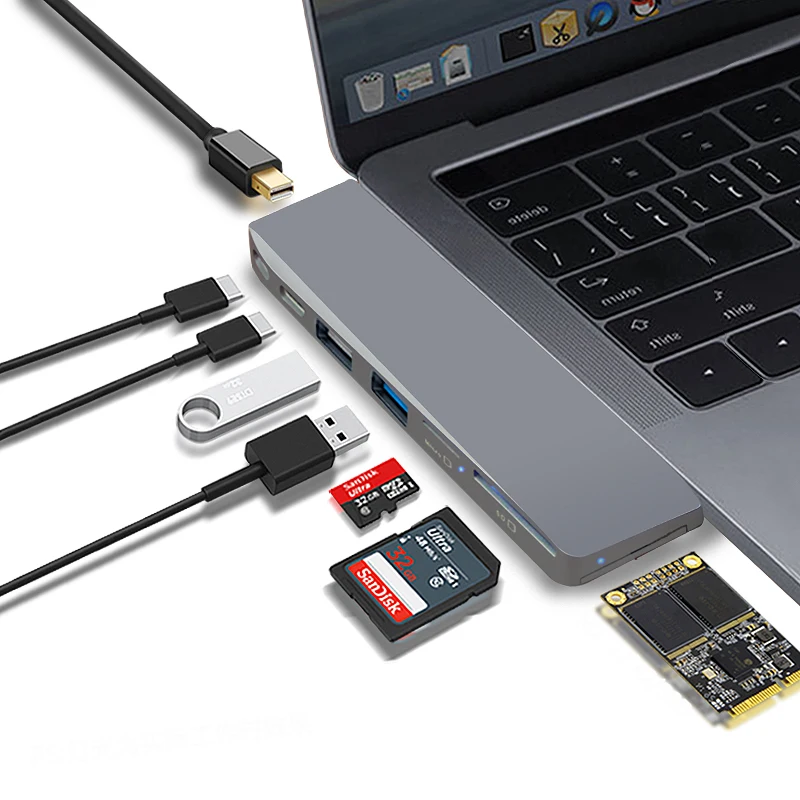 Ajiuyu USB 3,1 USB-C концентратор Мини DP адаптер 4K Thunderbolt 3 USB C с TF SD считыватель SSD слот PD для MacBook Pro/Air док-порт - Цвет: 8 in 1 USB and SSD
