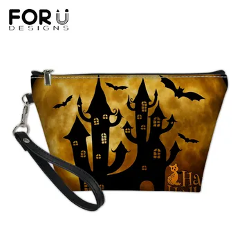 

FORUDESIGNS Halloween Castle Pattern Make Up Bag for Woman Fashion Large Cosmetic Cases Brand Design Girls PU Leather Makeup Bag