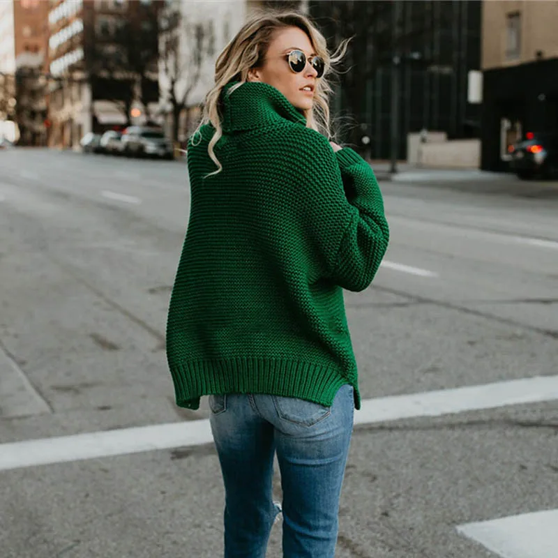 Women Sweater Solid High Collar Irregular Hem Long Sleeve Pullover Loose Daily Sweater Autumn Winter Women Sweater Top DZA003