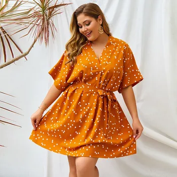 

Women polka dot dress cotton Summer v-neck short sleeve plus size dress women Sexy dress with Bow belt летнее платье#A3