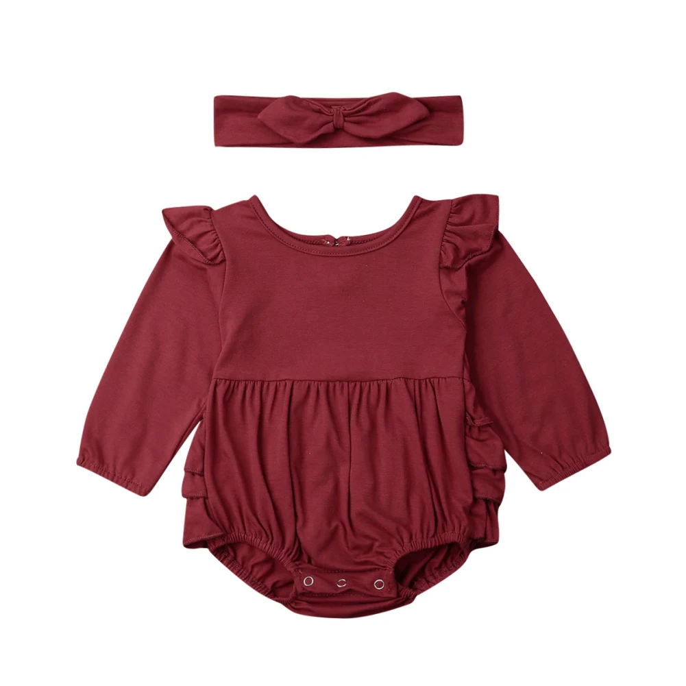 Брендовая одежда на возраст от 0 до 18 месяцев, Одежда для новорожденных девочек с рюшами и длинными рукавами рюшами сплошной комбинезон повязка на голову, комбинезон, комплект одежды