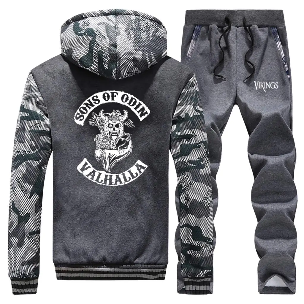 Son of Odin Valhalla, мужская толстовка с капюшоном, теплые брюки, зима, Толстая Уличная одежда, брендовый костюм из 2 предметов, Мужское пальто на молнии, спортивные штаны