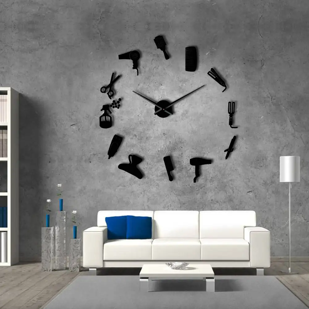 DIY Toolkit Barber Shop Giant Wall Clock with Mirror Effect Barber  Decorative Frameless Wall Watch Hairdresser Barber Wall Art 