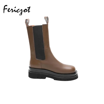 

Fericzot High quality Round tou genuine leather platform mid calf boots women fashion casual comfortable slip on women boots
