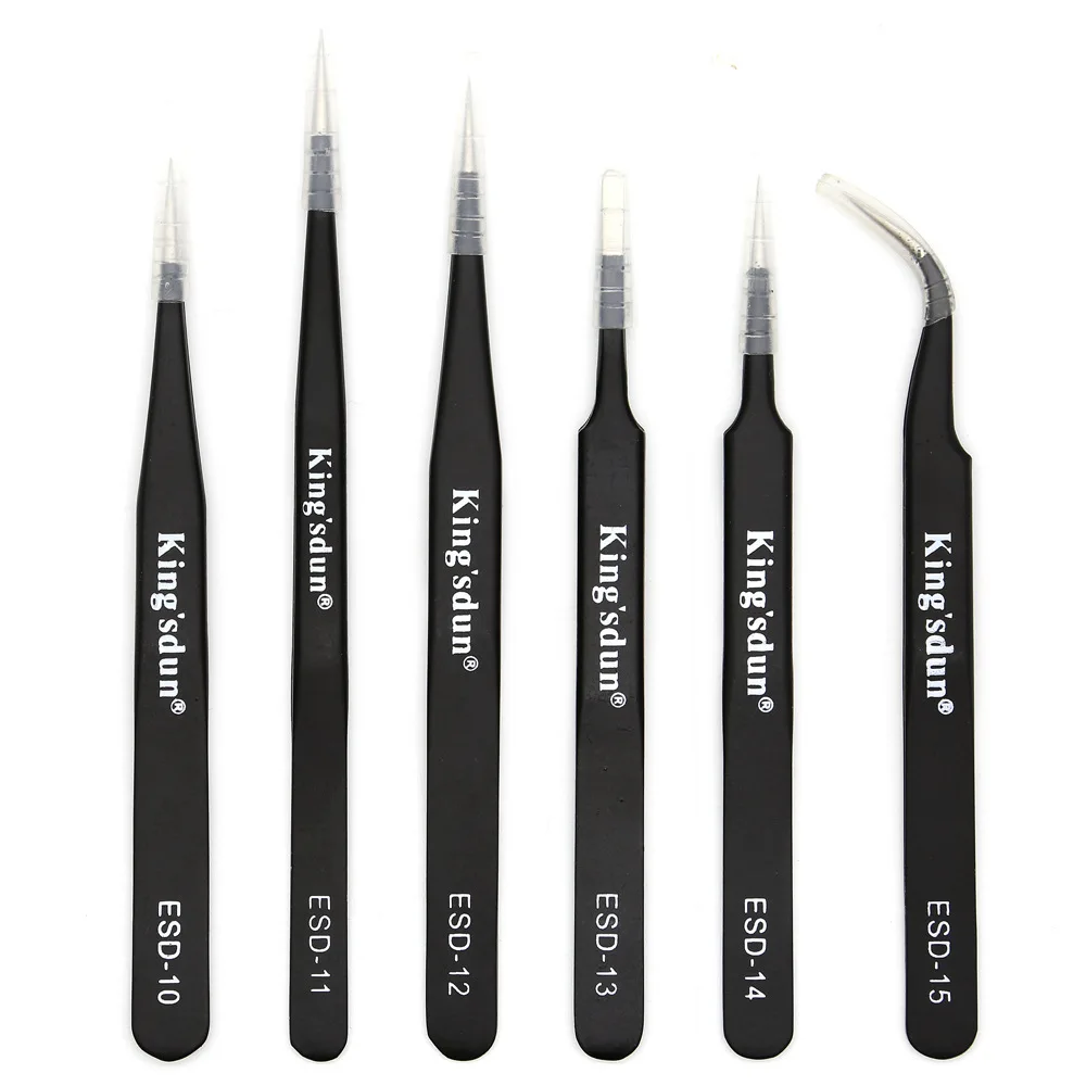 KING'SDUN 8Pcs Anti-static Tweezers ESD Stainless Steel Tweezers Set Industrial Precision Curved Straight Tweezer Repair Tools