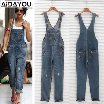 

Womens Denim Jumpsuit Spring Fashion Loose Jeans Pockets Sleeveless Adjusted Strap High Waist Ripped Jeans And Overalls ouc428