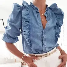 #Special Offers Autumn Vintage Ruffles Denim Top Women Elegant Office Ladies Work Wear V Neck Large Plus Size xxxl Blue Jeans Blouse Shirt Fall #Special Offers Autumn Vintage Ruffles Denim Top Women Elegant Office Ladies Work Wear V Neck Large Plus Size xxxl Blue Jeans Blouse Shirt Fall