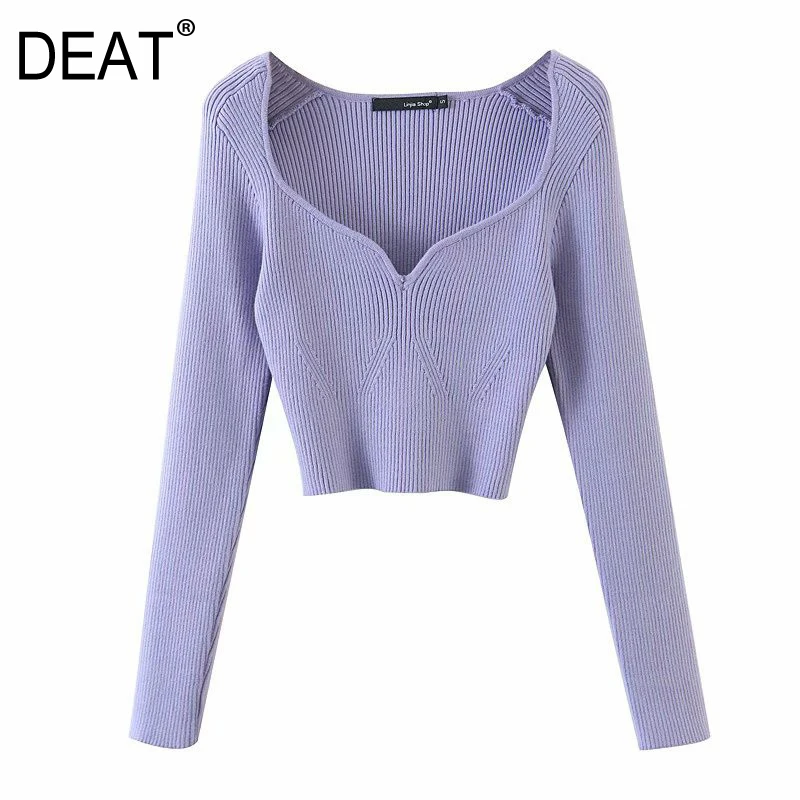 DEAT-suéter tejido suelto de cuello alto cuadrado para mujer, suéter tejido suelto con escote en V profundo, tendencia de moda, 2021