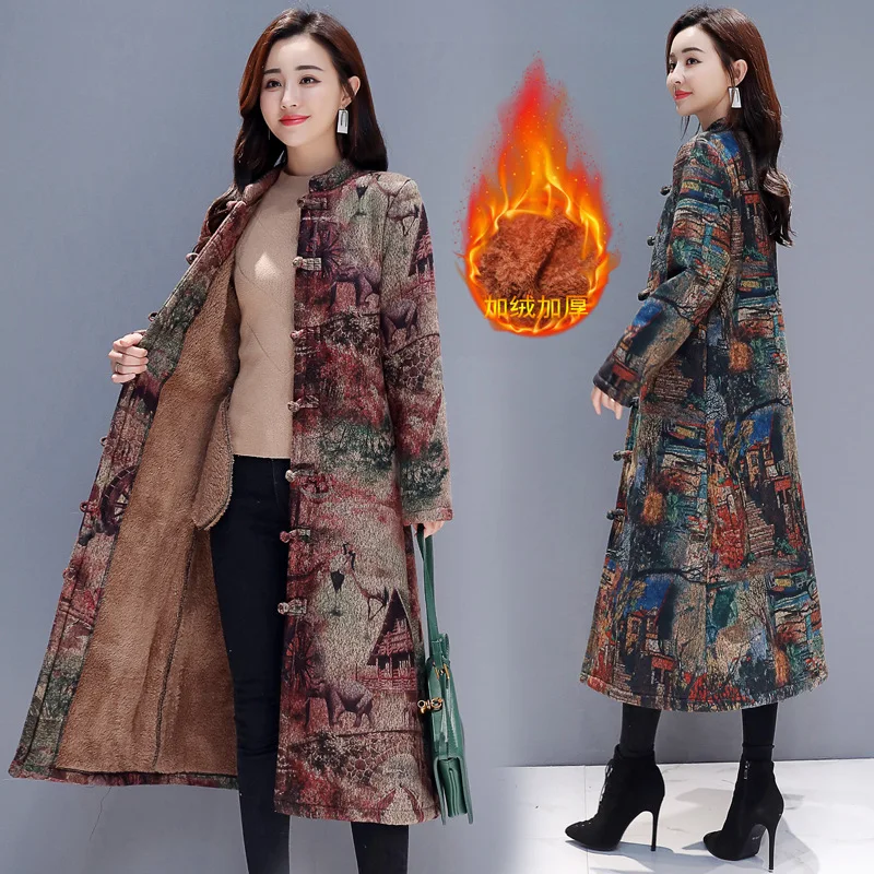

Fi3813 @ Feimina 2019 Western Style Ethnic-Style Frog Cotton-padded Clothes Women's Mid-length Brushed And Thick Trench Coat