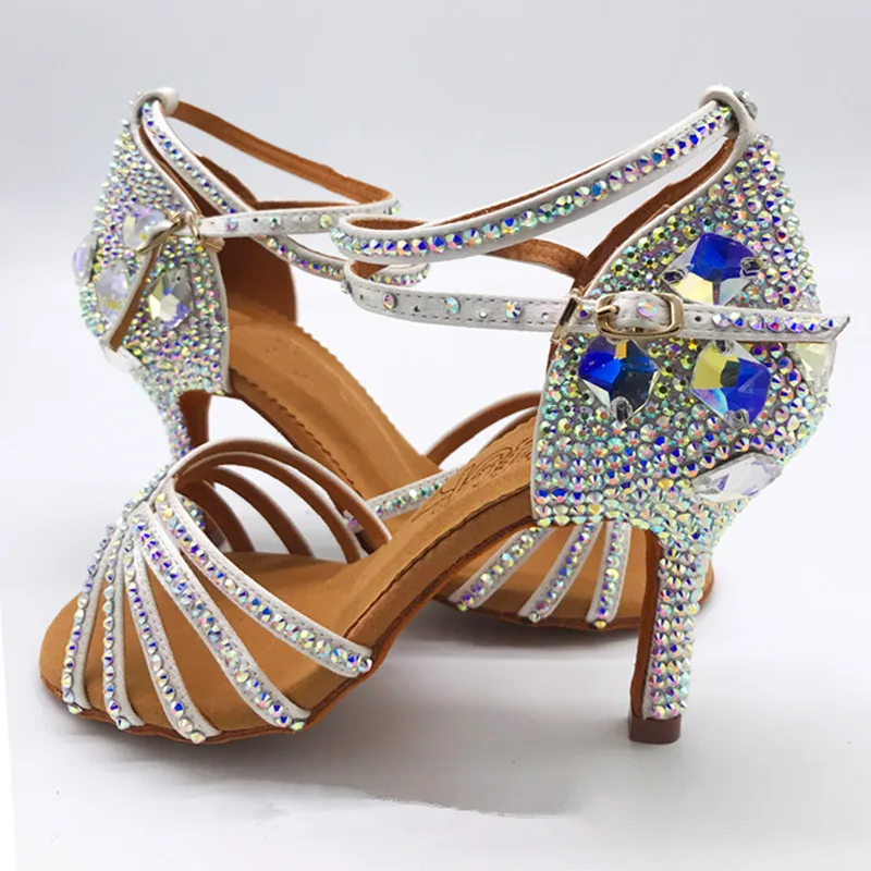 8.5CM heel white Sain/Обувь для профессиональных танцев; Обувь для бальных танцев; обувь для латинских танцев; стразы; обувь для сальсы - Цвет: 8.5CM heel white