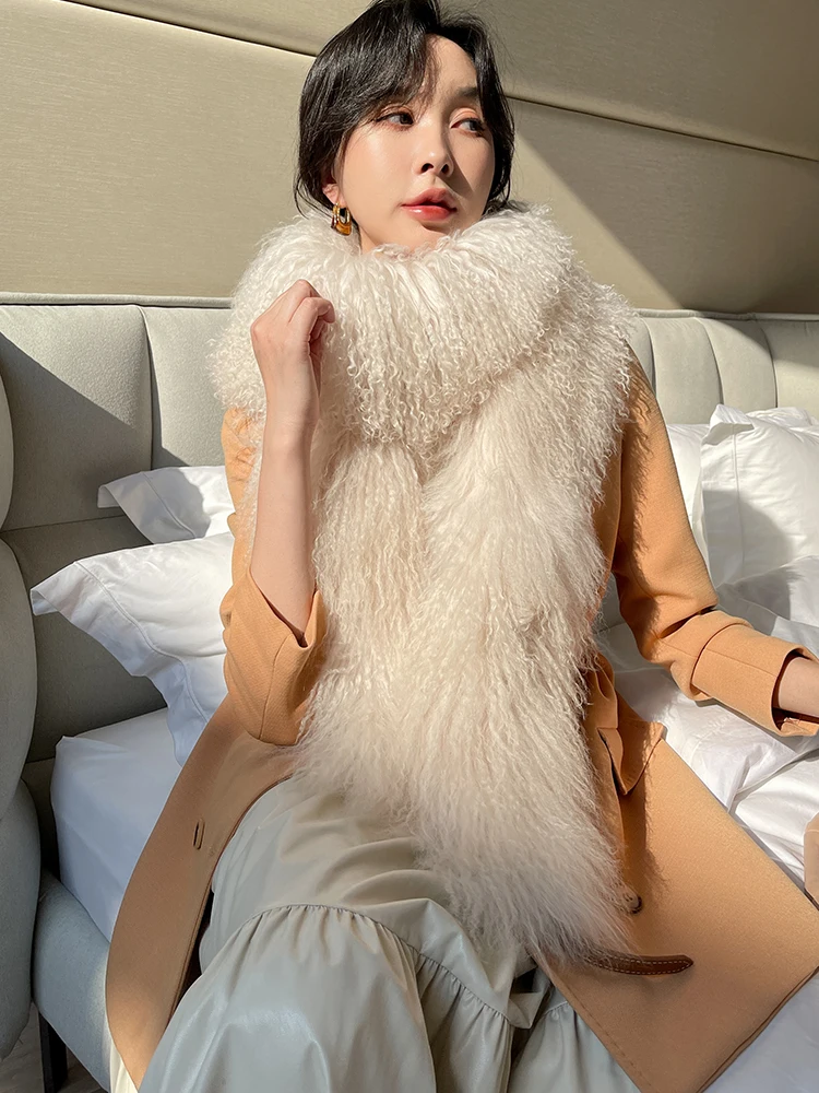 ZDFURS* Korean Quality mongolian fur Tibet sheep fur scarf Double-Sided Whole skin Long Fur Scarf Fur Collar Fur Scarf Thickened