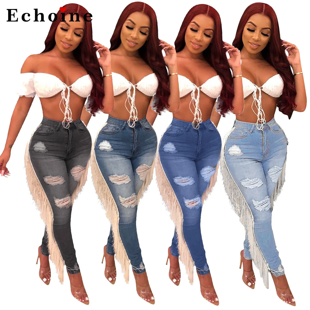 

Ripped Tassled Washed Jeans Casual Long Pencil Pants Zipper Female Trousers Frazzle Slim Fit Distressed Denim Fashion Sportswear