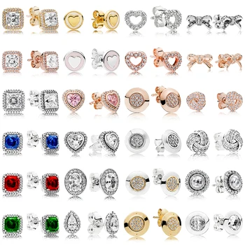 

2019 NEW 100% 925 Sterling Silver Earrings Signature Bow Square Drill Love Heart Ear Studs Charm Beads Fit Original DIY Dangler