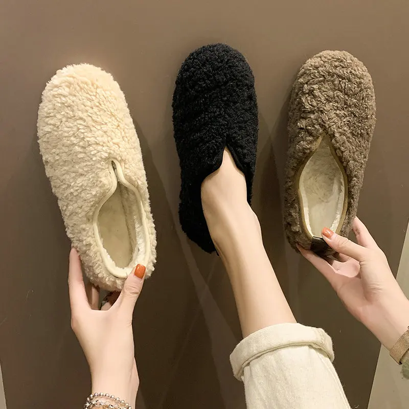 Женские зимние шлепанцы с мехом ягненка; chaussures femme Pantuflas; меховые шерстяные туфли для улицы; женская обувь; женские мокасины; Тапочки