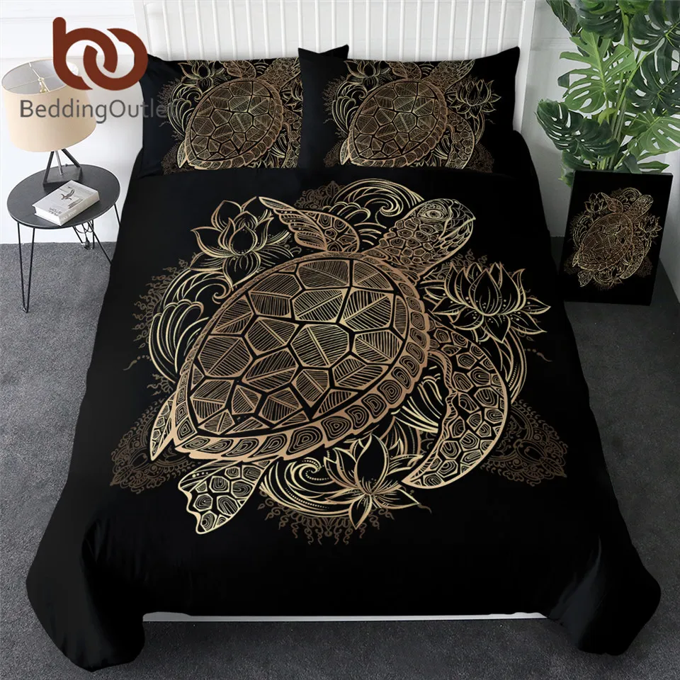 Beddingoutlet Turtles Bedding Set Animal Black Duvet Cover Golden
