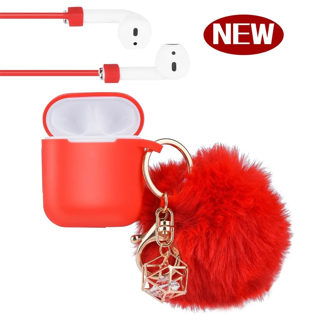 Беспроводной чехол для наушников Airpods 2 и 1 зарядный силиконовый защитный чехол и брелок с помпоном FW3