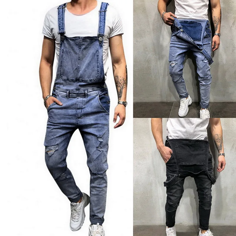 

Men Autumn Winter Ripped Jeans Bib Overalls For Male Jumpsuits Street Distressed Denim Suspender Pants