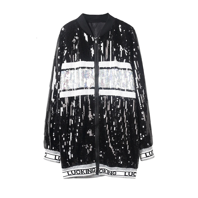 

Vefadisa Autumn Woman Sequins Coat Letter Coat Loose Cardigan Black Silver Stand Collar Zipper Hip Hop Coat Woman 2019 QYF701