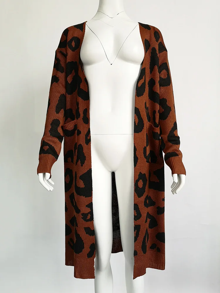 Зимний модный женский длинный рукав свободный Леопардовый вязаный кардиган свитер