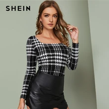 SHEIN черно-белый клетчатый топ с квадратным вырезом, женские элегантные футболки, Осенние офисные женские облегающие футболки с длинным рукавом