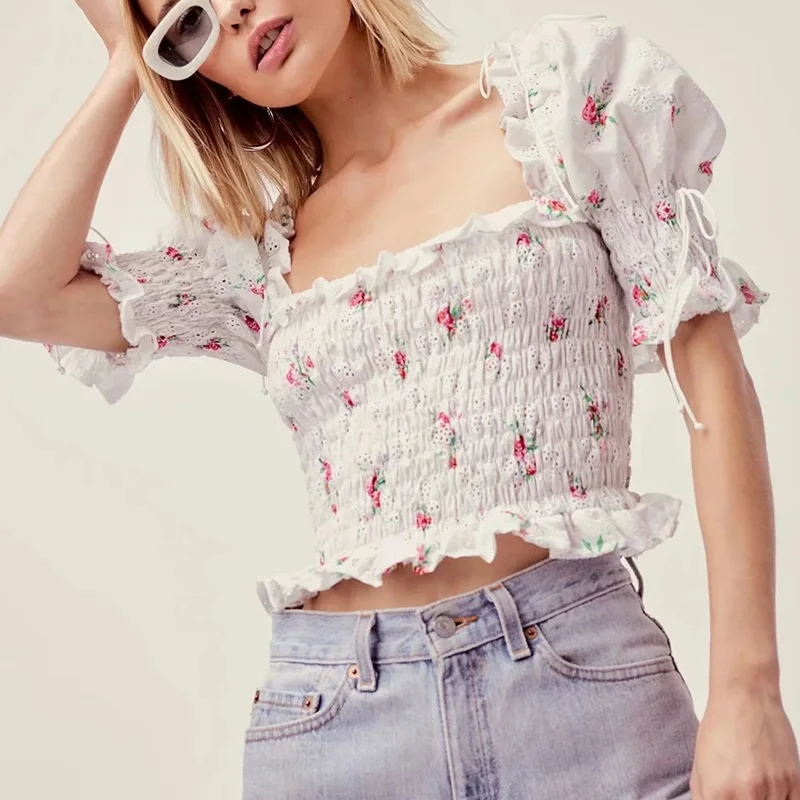 

Women Sexy Crop Top Slash Neck White Floral Print Slim Short Blouse Shirt Women Boho Chic Femininas Chemise Tops