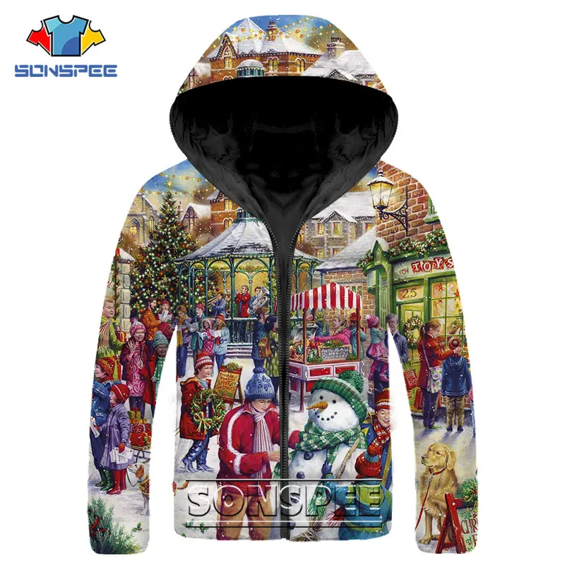 SONSPEE Christmas Tree Santa Claus Parkas Print Gingerbread Christmas Stocking Down Jacket Winter Keep Warm Thick Hip Hop Coats