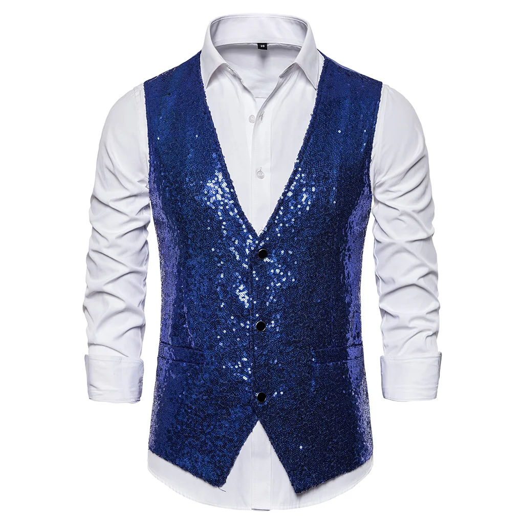 Adisputent Autumn Men Sequin Blazers Vest Gliter Suit Vest Nightclub DJ Stage Shiny Gold Sequin Bling Glitter Vest S-XXL