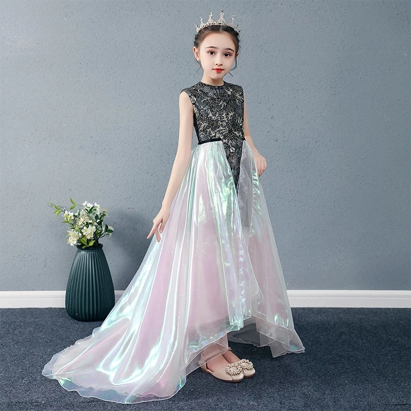 

Elegant Ball Gown Embroidery Bling Above Knee Sleeveless O-Neck New Kids Party Communion Dresses Girl Dresses For Weddings