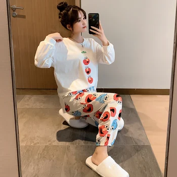 

Cartoon Nice Funny Pajama Sets For Women 2 Pcs Long Sleeve And Trousers Premium Pyjamas Woman's Pijama Comfort Night Sleepwear