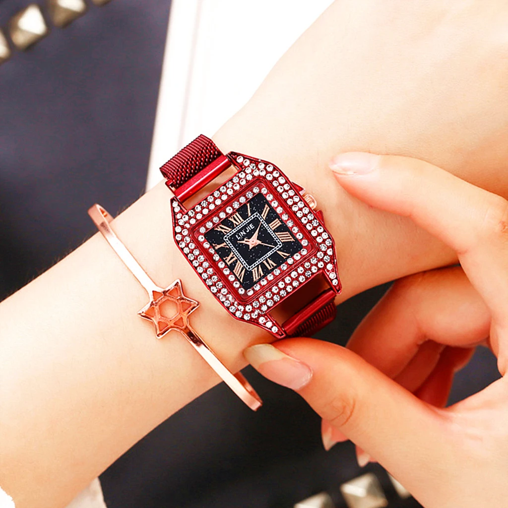 Women Magnet Buckle Square Case Shape Diamond Watch Luxury Ladies Stainless Steel Belt Quartz Watches Gift Clock