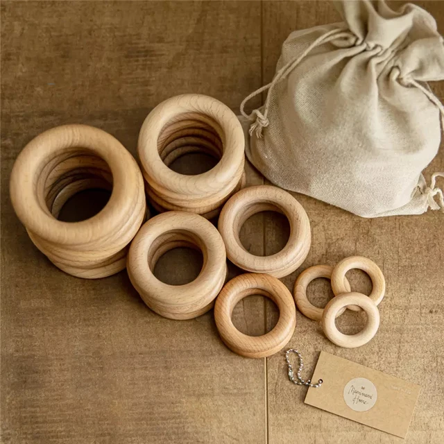 New 5Pc 40/55/60/65mm Beech Wooden Baby Teething Rings Wooden Custom Name Baby Teethers Accessories For Baby DIY Bracelet Making 6