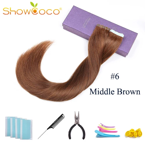Color6 -40 Pcs ShowCoco лента в Пряди человеческих волос для наращивания натурального волос 20/40 шт, смешанные цвета, Цвет горячие головы для наращивания блеск коричневого до блондинка ленточных накопителей - Цвет: Color6 -40 Pcs