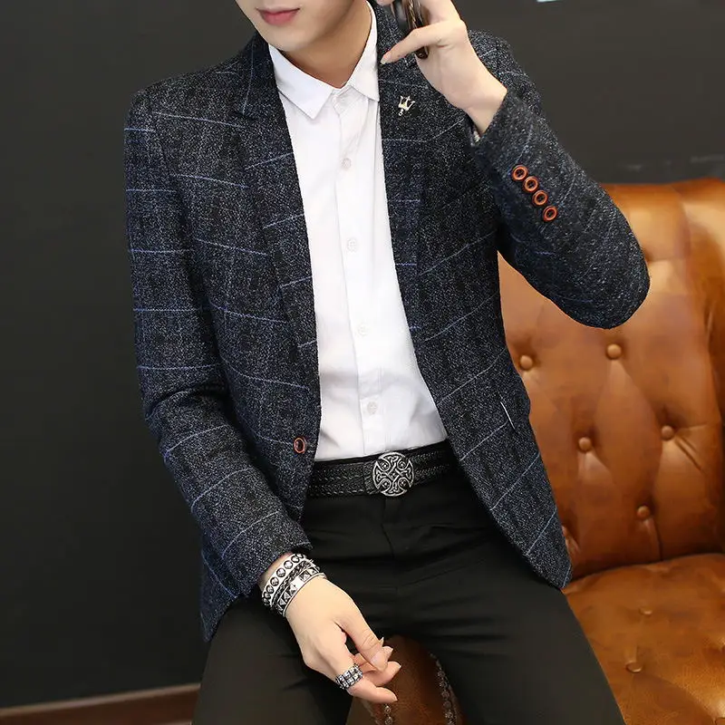 New Men's Suit Jacket Spring Autumn Street Men's Plaid Suit Jacket Casual Business Brand Clothing Men Slim Blazer Masculino