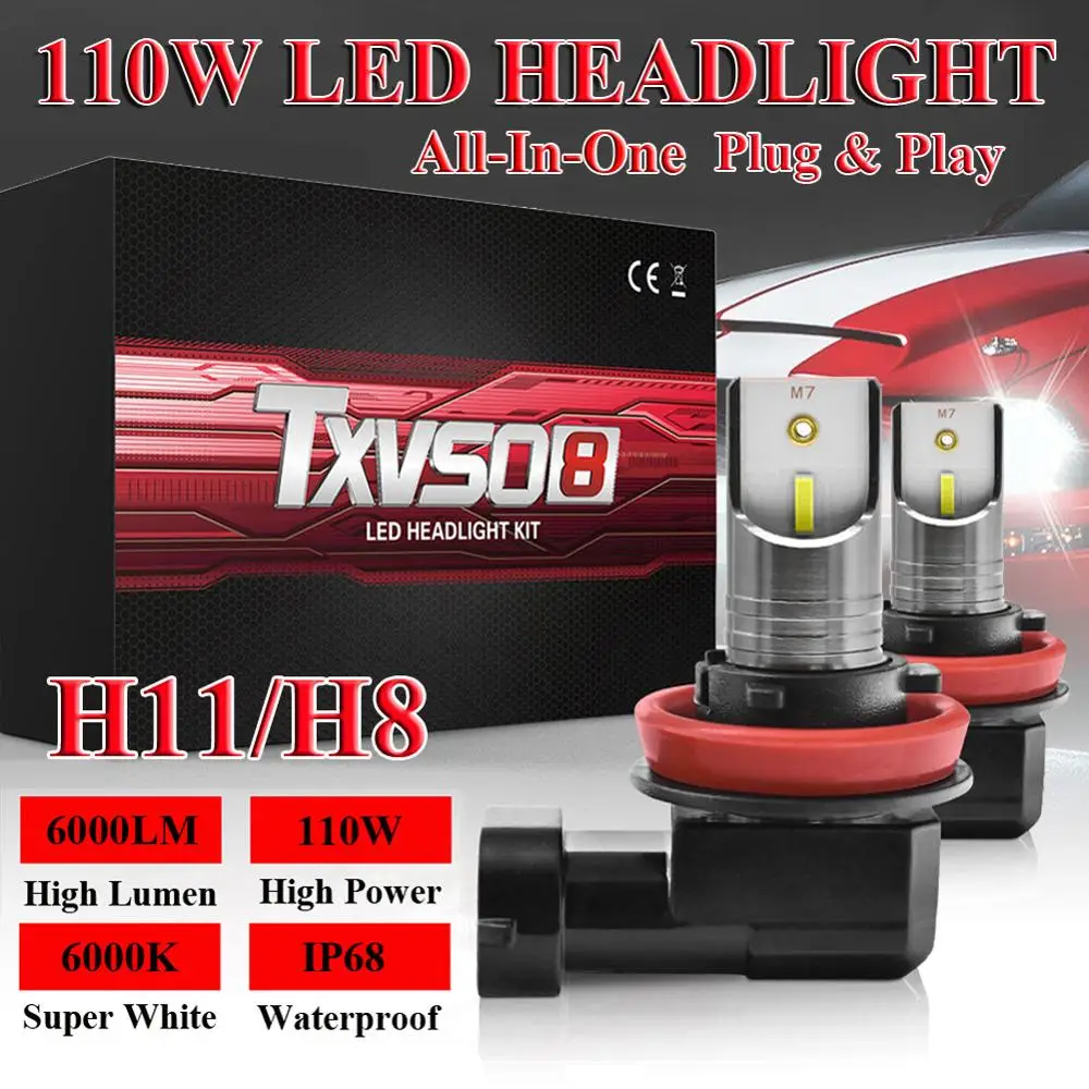 

2Pcs/Set H11/H8 TXVSO8 Car LED Headlight High or Low Beam Bulbs 110W 6000LM 6000K White Signal Light Car Accessories LED Lamp