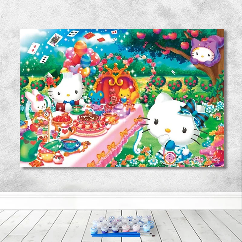 DIY цифровая картина с рисунком Hello Kitty, мультяшная кошка, мультяшная пейзажная живопись, анимация, произведение искусства, украшение для гостиной - Цвет: 21325