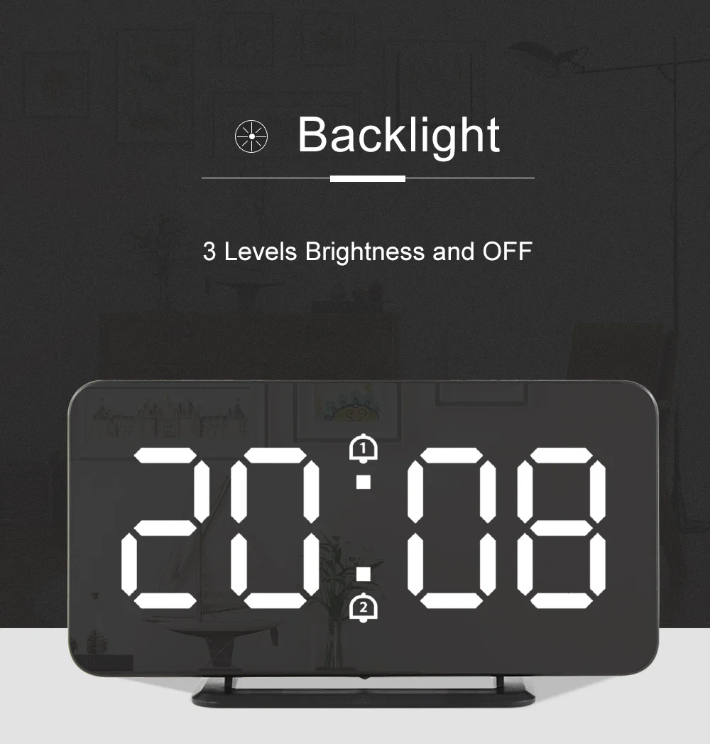 Светодиодный зеркальный будильник с двойным будильником, будильник для спальни, цифровой термометр, настольные электронные часы