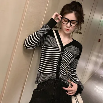 

Korean Stylish Sweet V-neck Sweater Black And White Striped Split Long-sleeved Casual Knit Cardigan Sweater